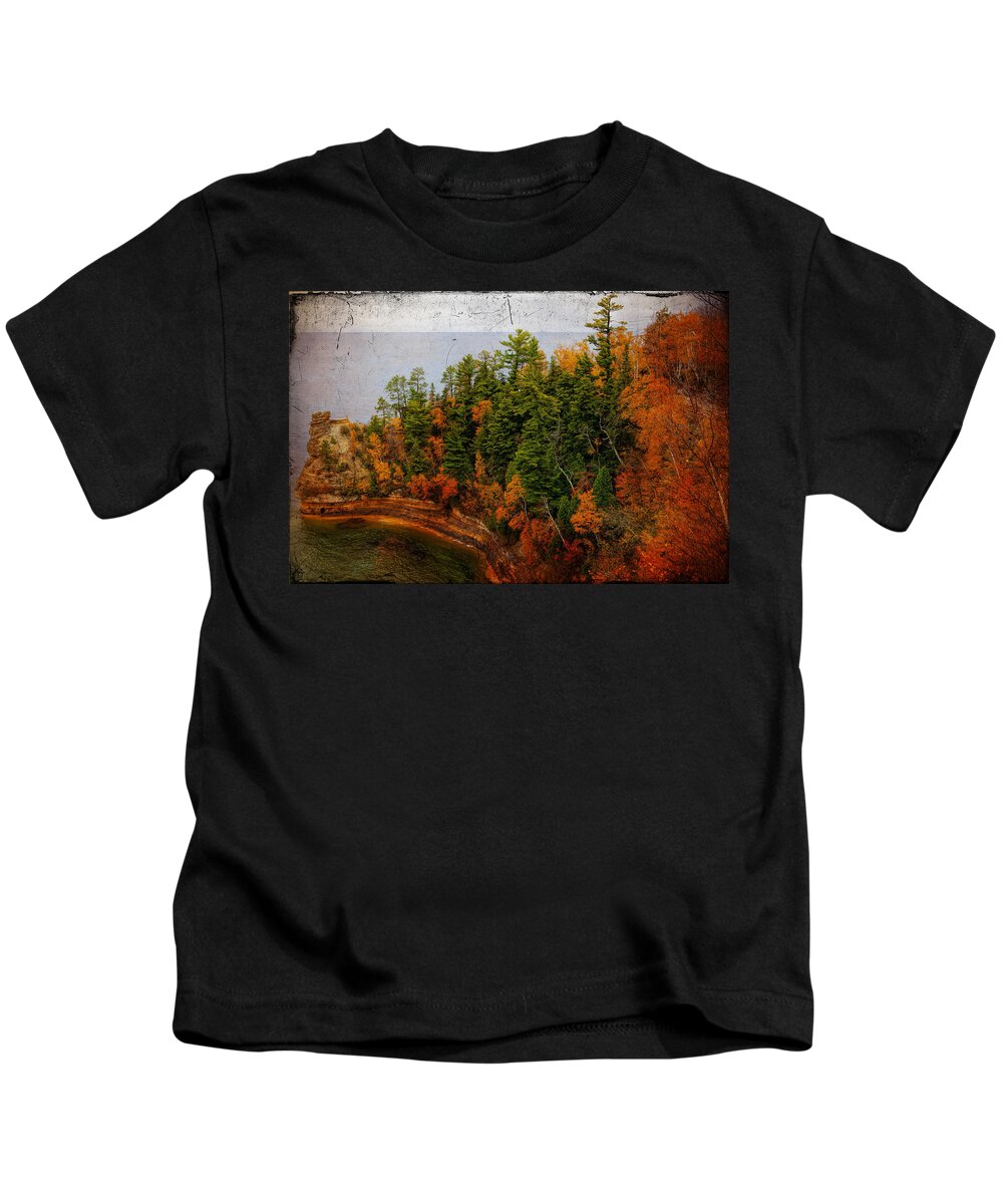 Pictured Rocks Kids T-Shirt featuring the photograph Pictured Rocks Michigan with Tobacco Filter by Evie Carrier