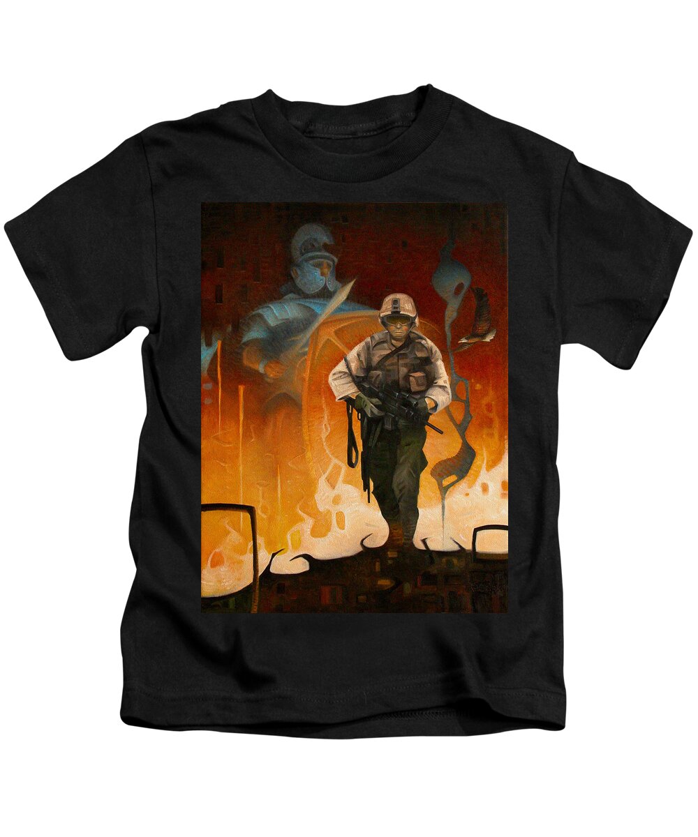 Military Kids T-Shirt featuring the painting Protected By A Wall Of Fire by T S Carson