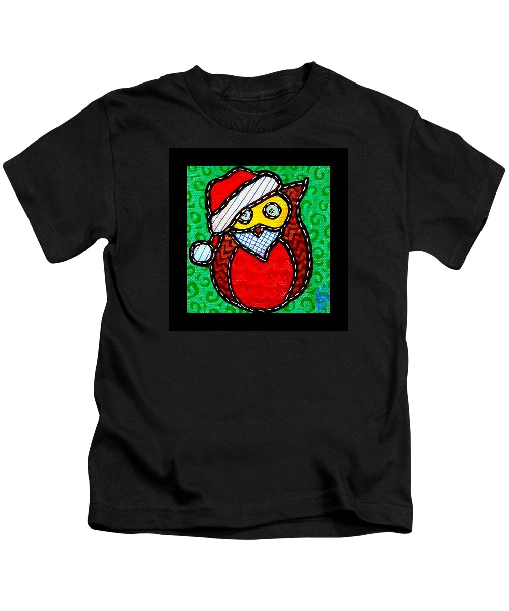 Owl Kids T-Shirt featuring the painting Quilted Santa Owl 2013 by Jim Harris