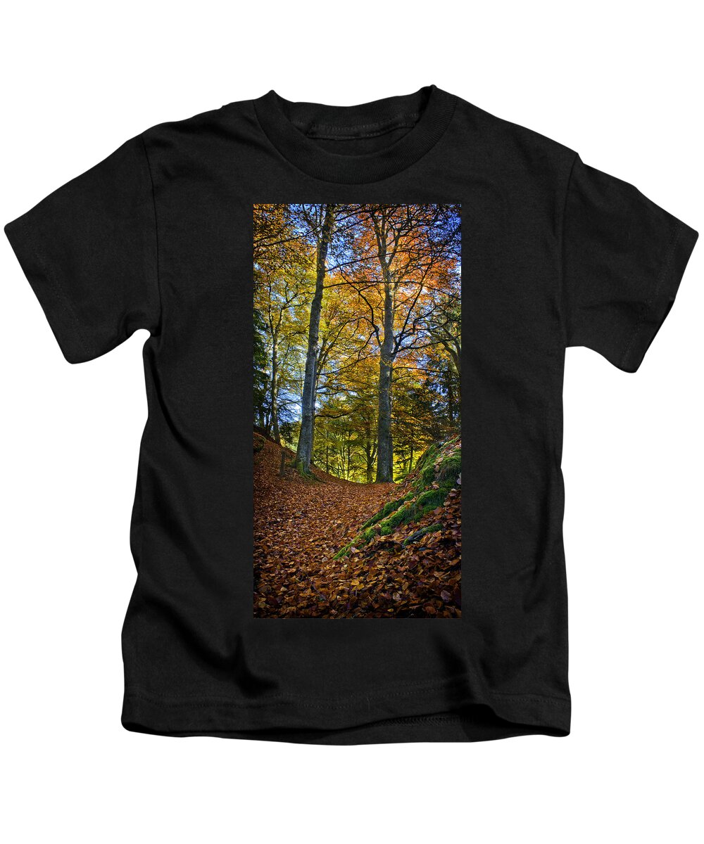 Path Kids T-Shirt featuring the photograph Red carpet in reelig glen during Autumn by Joe MacRae