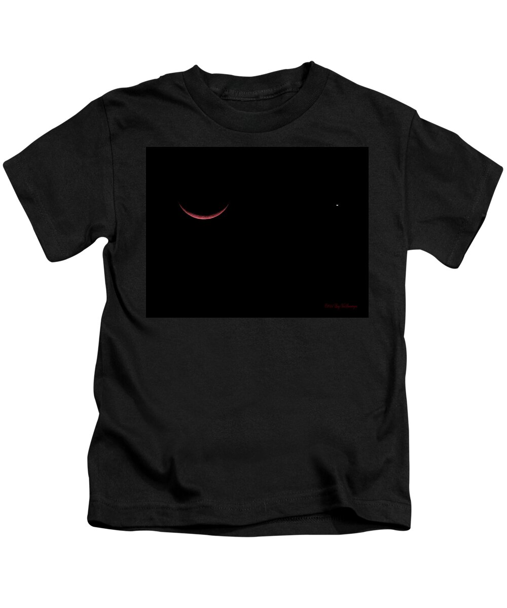 Celestial Kids T-Shirt featuring the photograph Red Crescent Moon and Venus by Lucy VanSwearingen