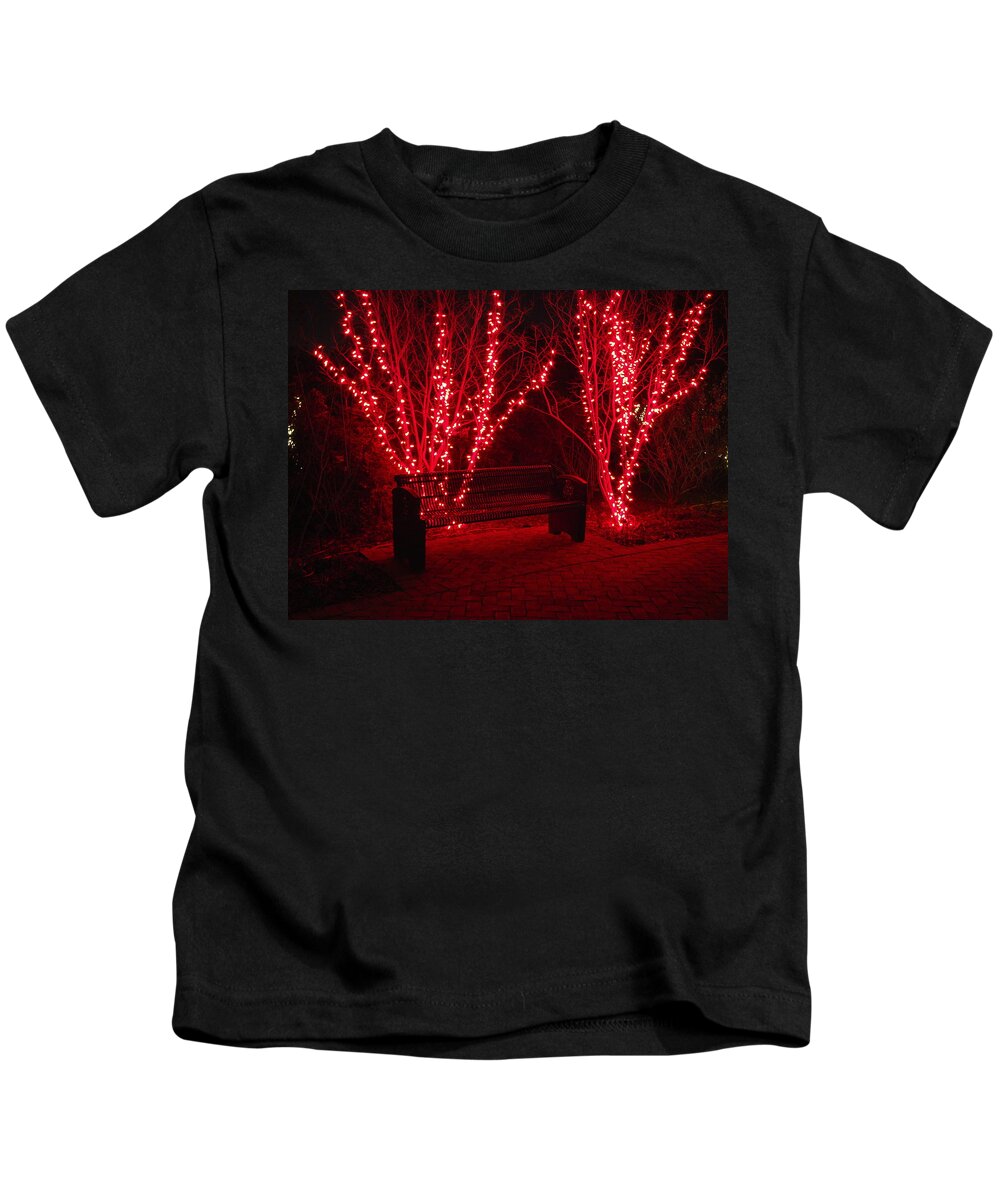 Fine Art Kids T-Shirt featuring the photograph Red Lights and Bench by Rodney Lee Williams