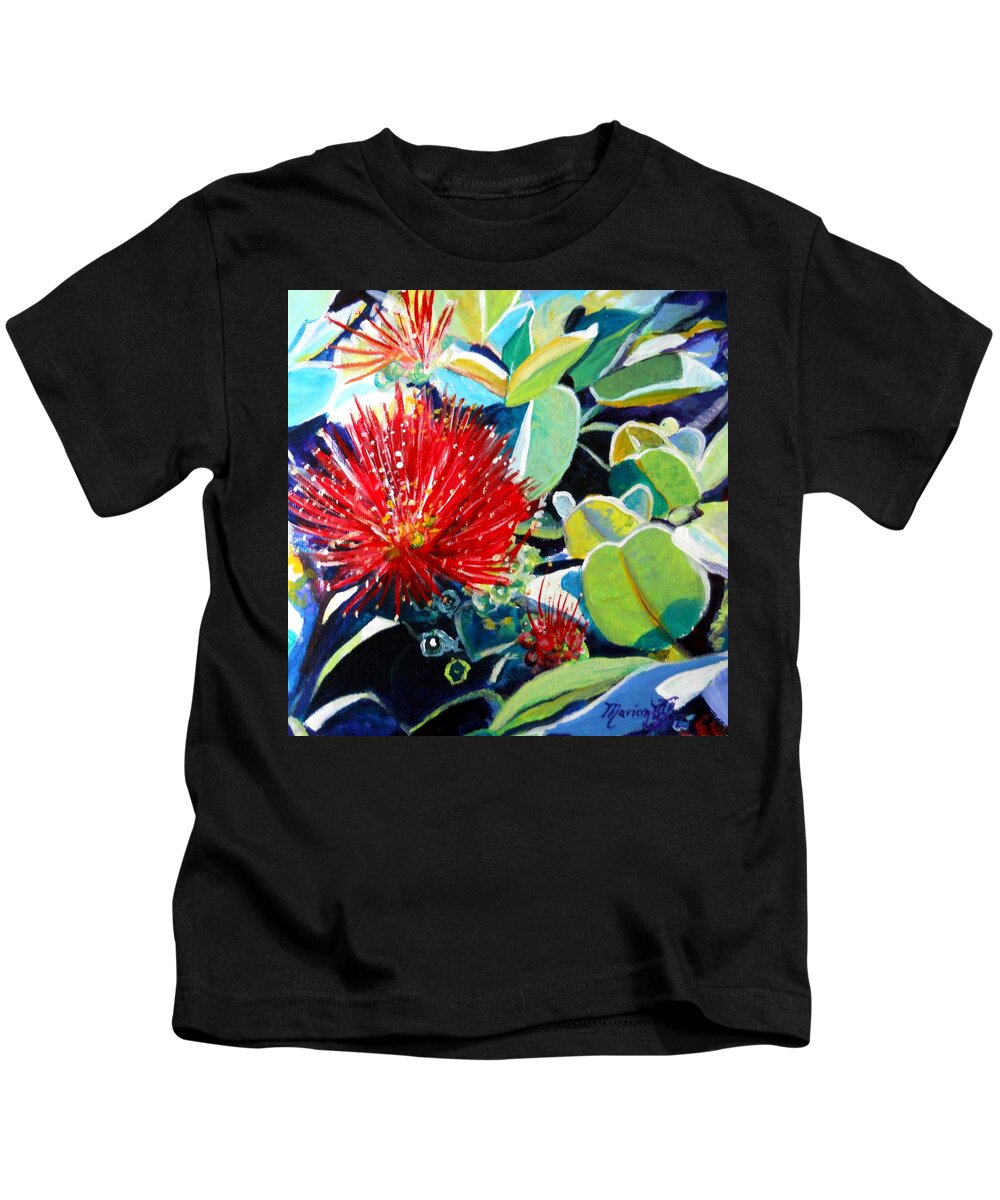 Hawaiian Flower Kids T-Shirt featuring the painting Red Ohia Lehua Flower by Marionette Taboniar