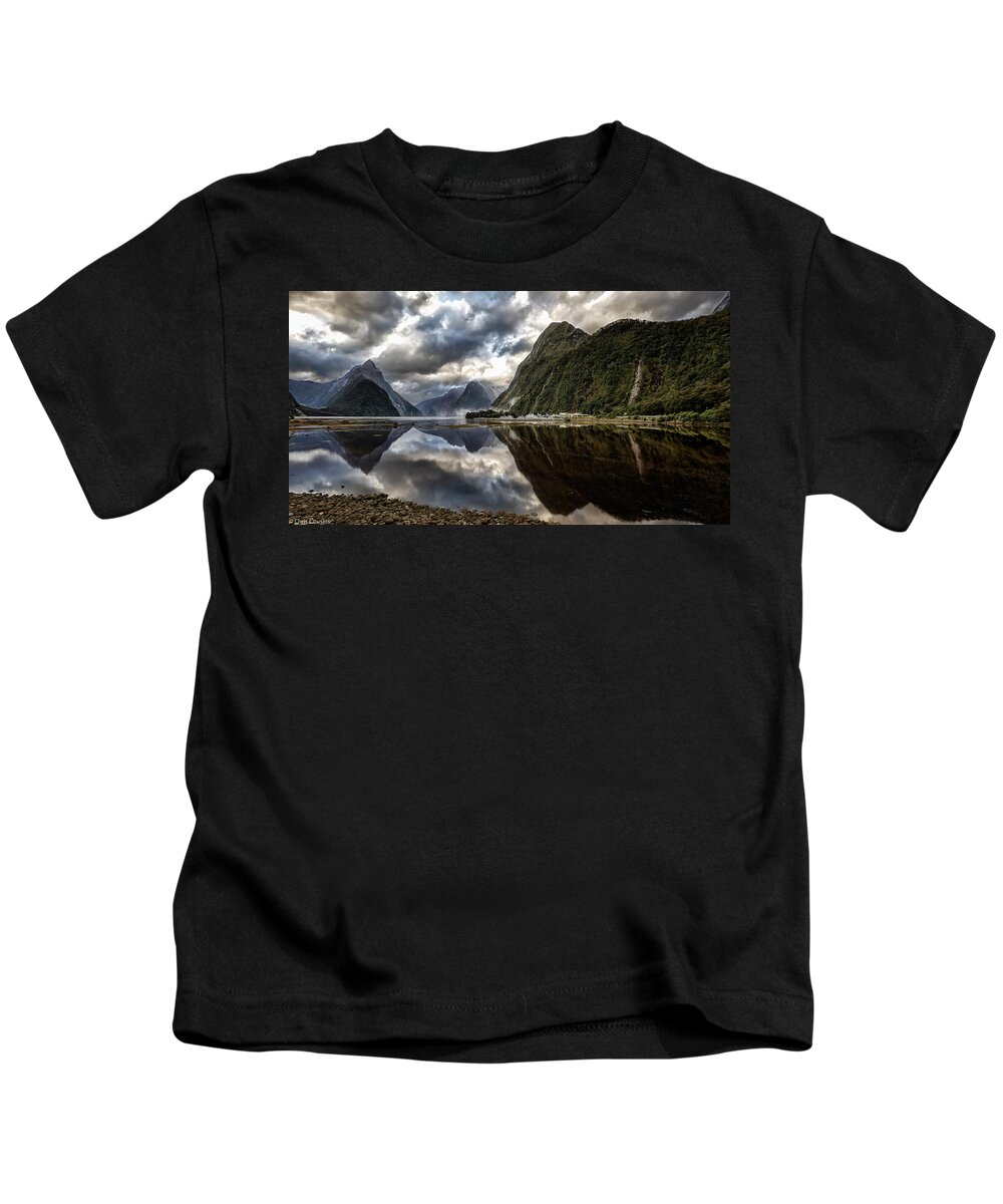 Milford Sound Kids T-Shirt featuring the photograph Reflecting on Milford by Chris Cousins