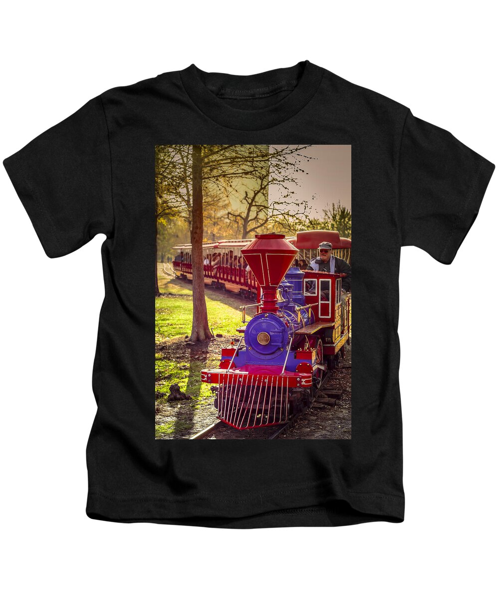 Train Kids T-Shirt featuring the photograph Riding out of the Sunset on the Hermann Park Train by David Morefield