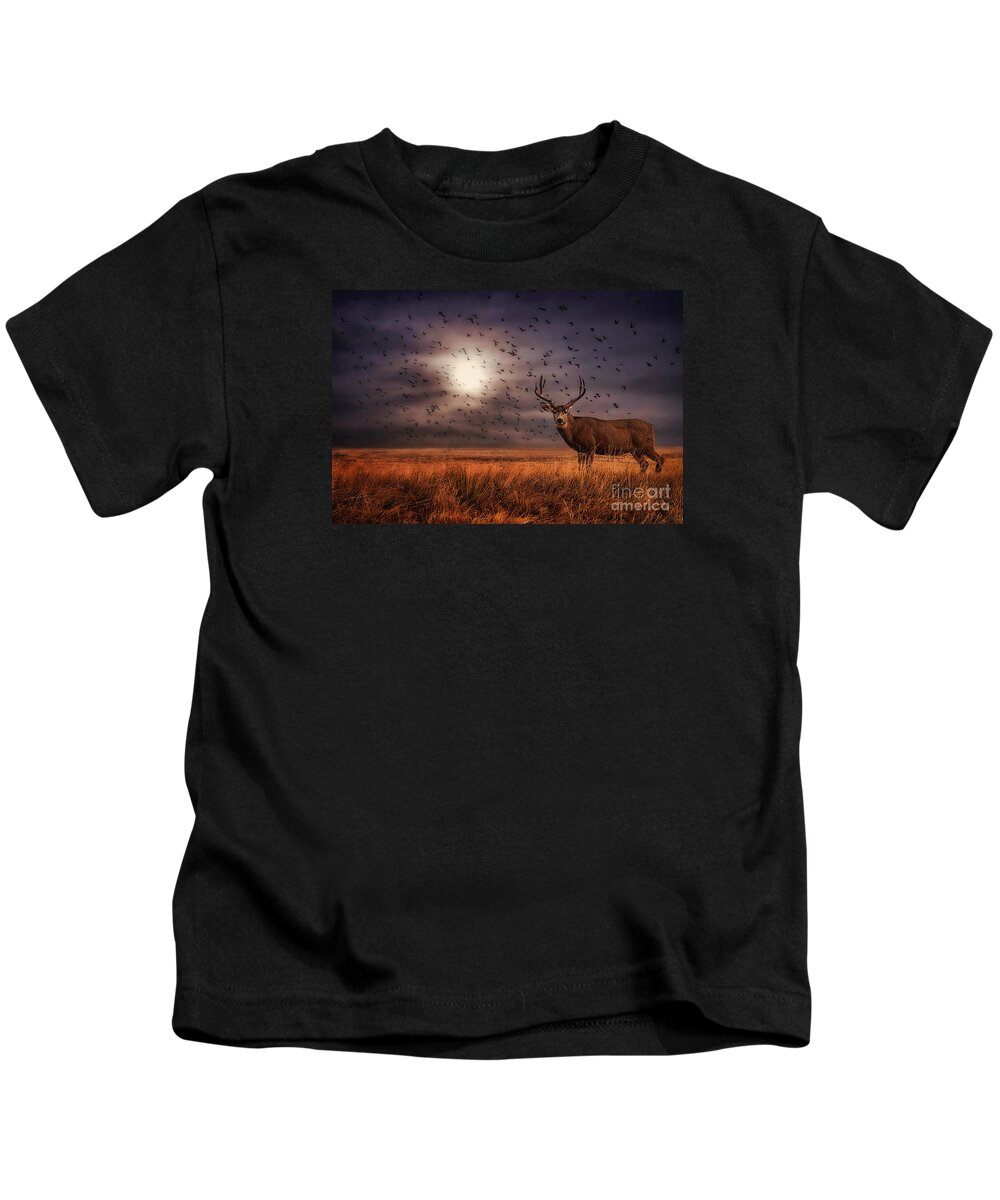 Mule Deer Kids T-Shirt featuring the photograph Rocky Mountain Arsenal Deer and Birds by Priscilla Burgers