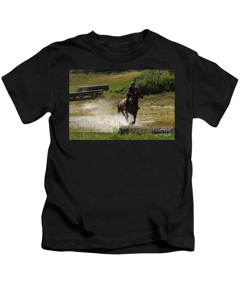 Horse Kids T-Shirt featuring the photograph Running Thru Water by Janice Byer