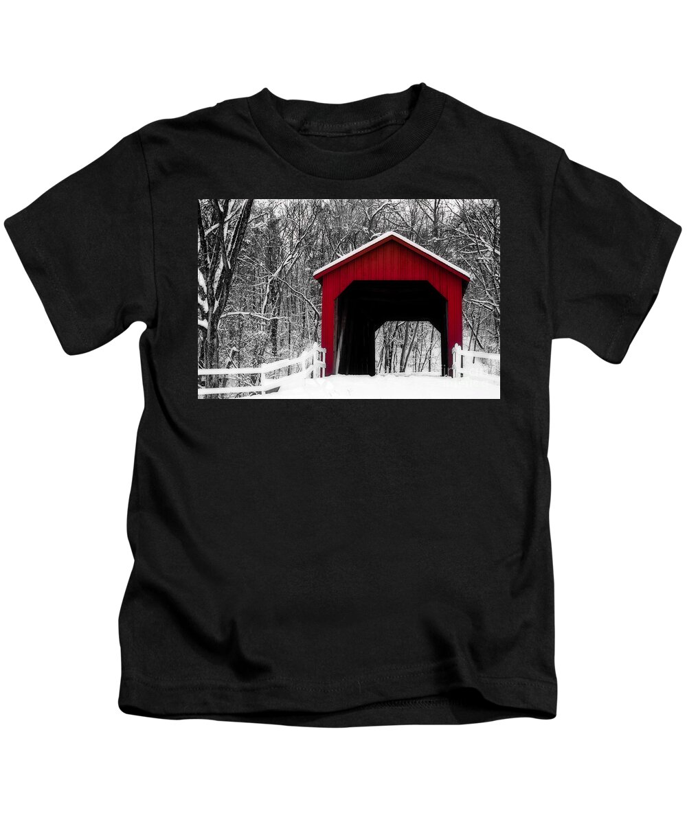 Sandy Creek Cover Bridge Kids T-Shirt featuring the photograph Sandy Creek Cover Bridge with a touch of Red by Peggy Franz