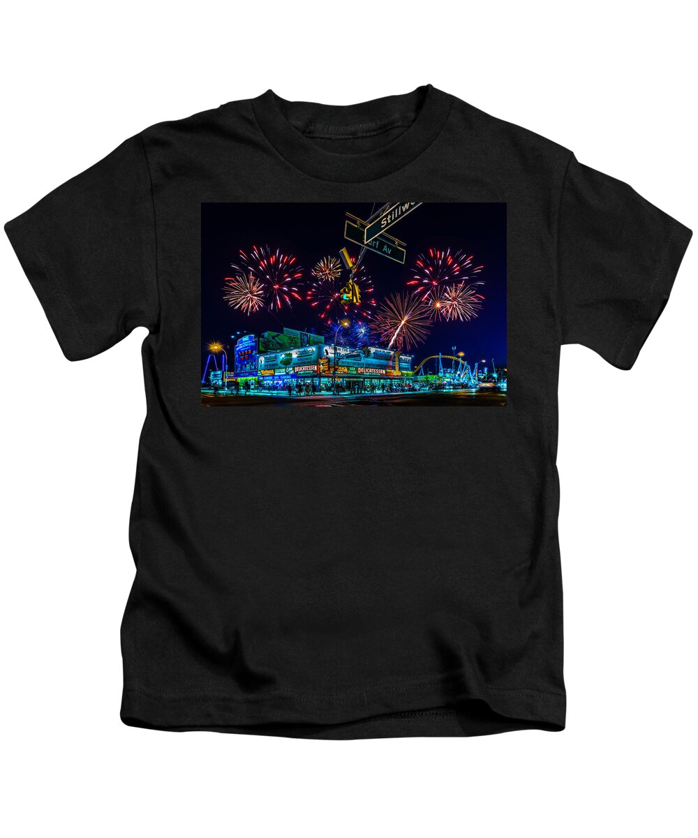 Fireworks Kids T-Shirt featuring the photograph Saturday Night At Coney Island by Chris Lord