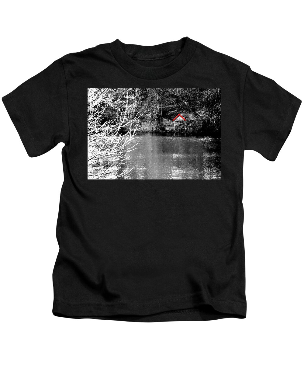 Black Kids T-Shirt featuring the photograph Shed on the lake by Christopher Rowlands