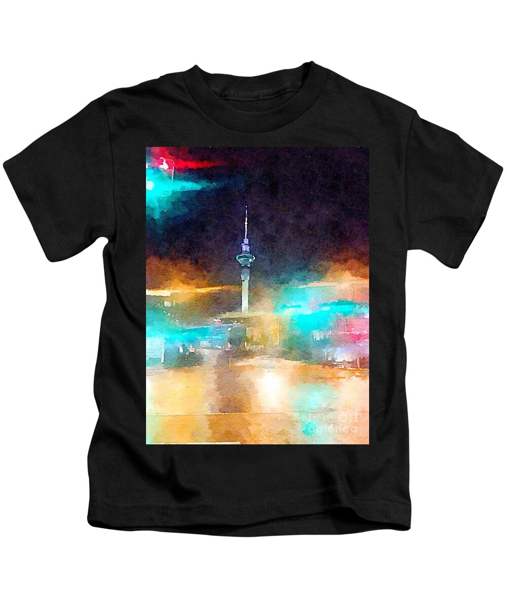 Sky Tower Kids T-Shirt featuring the painting Sky Tower by night by HELGE Art Gallery