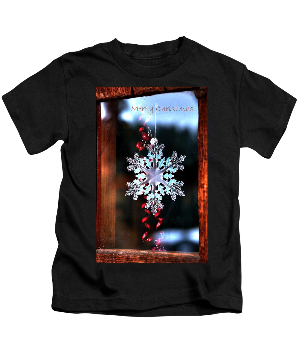 Christmas Kids T-Shirt featuring the photograph Snowflake In Window Text 20510 by Jerry Sodorff