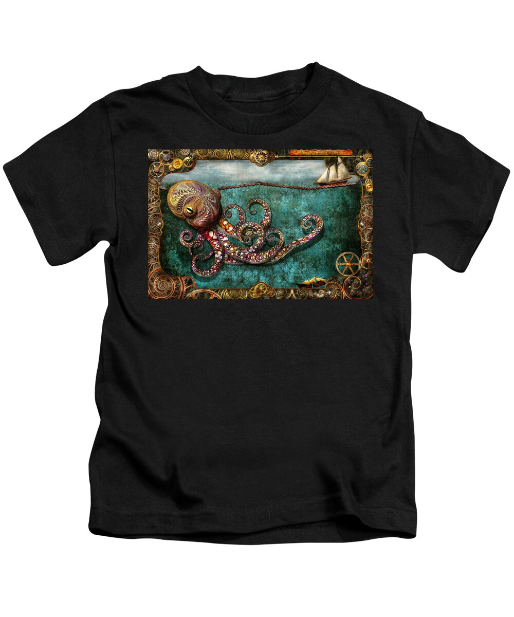 Self Kids T-Shirt featuring the digital art Steampunk - The tale of the Kraken by Mike Savad