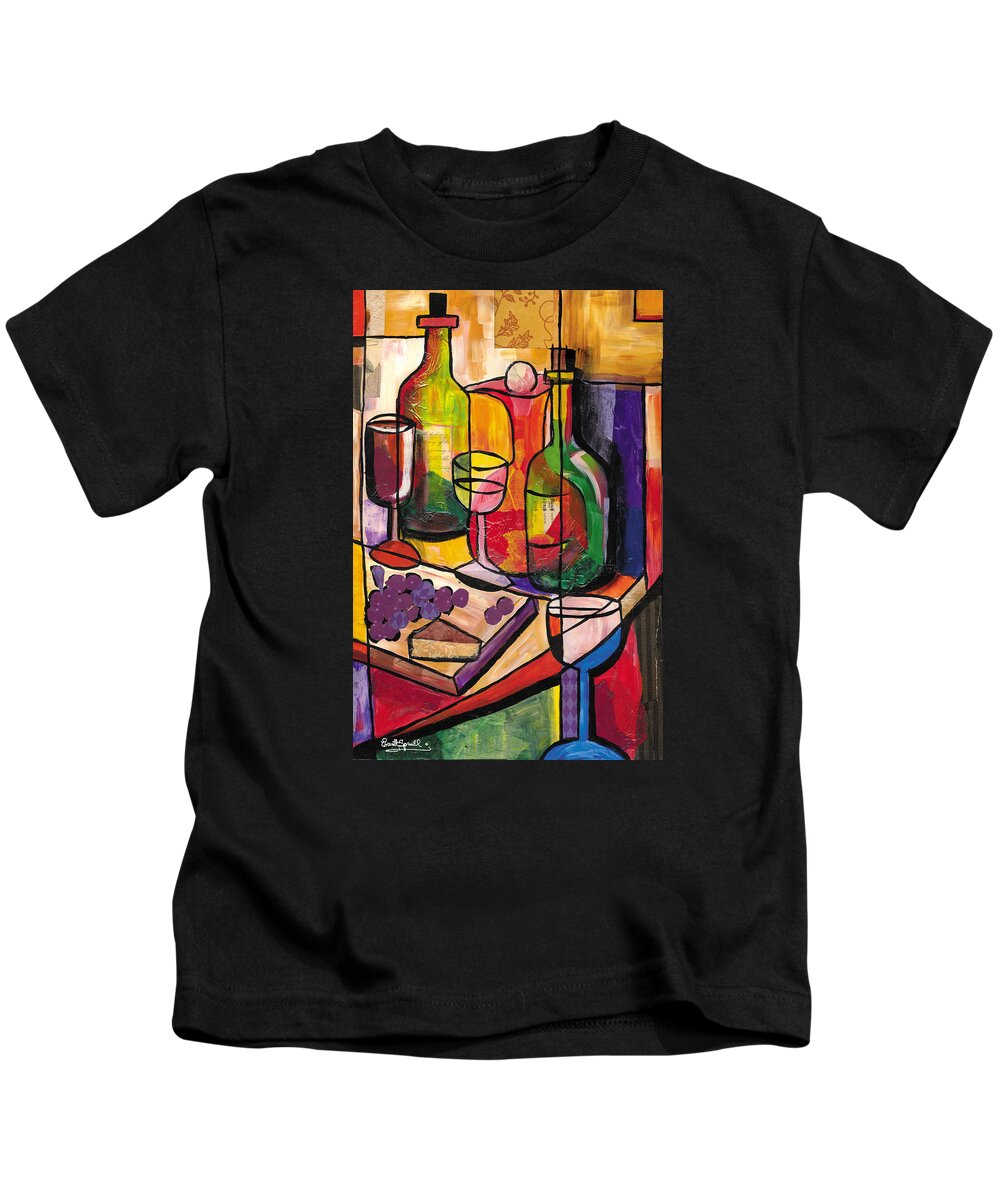 Everett Spruill Kids T-Shirt featuring the painting Still Life of Fruit Wine and Cheese by Everett Spruill