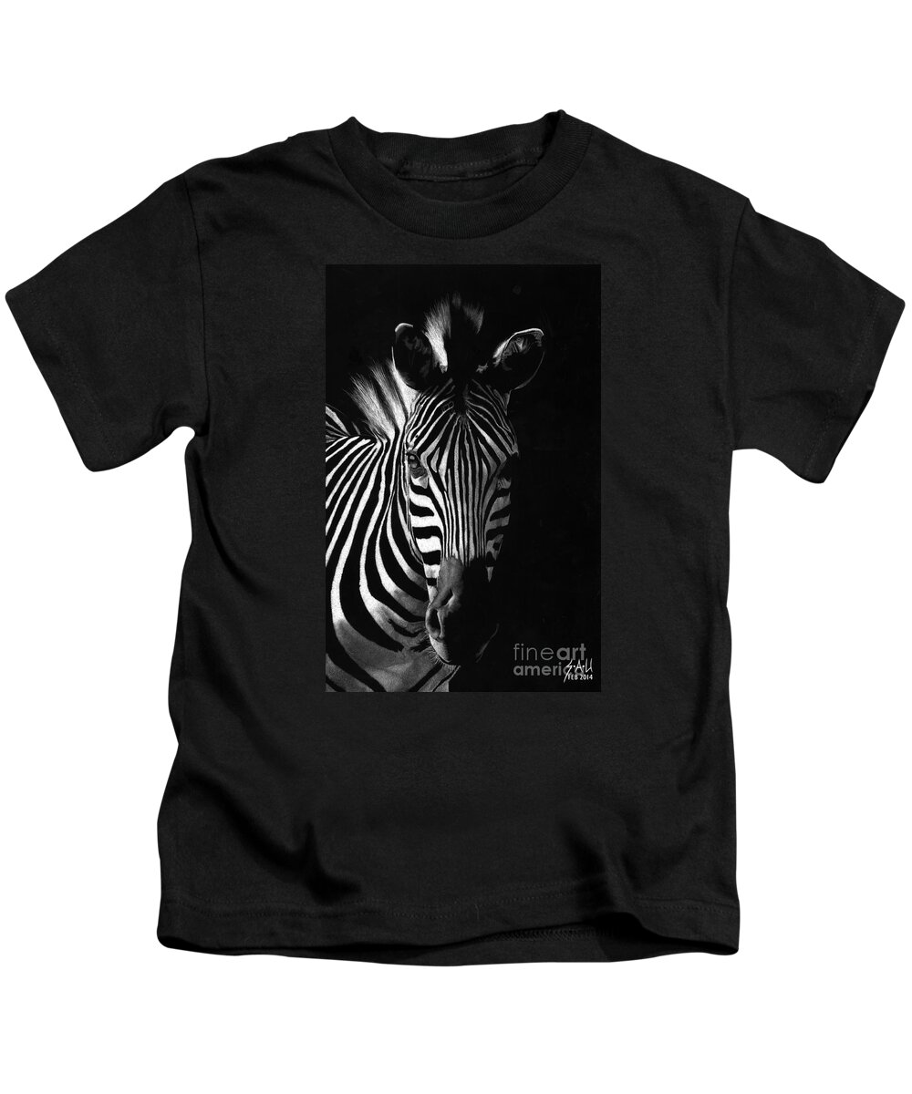 Zebra Kids T-Shirt featuring the drawing Striped Beauty by Sheryl Unwin
