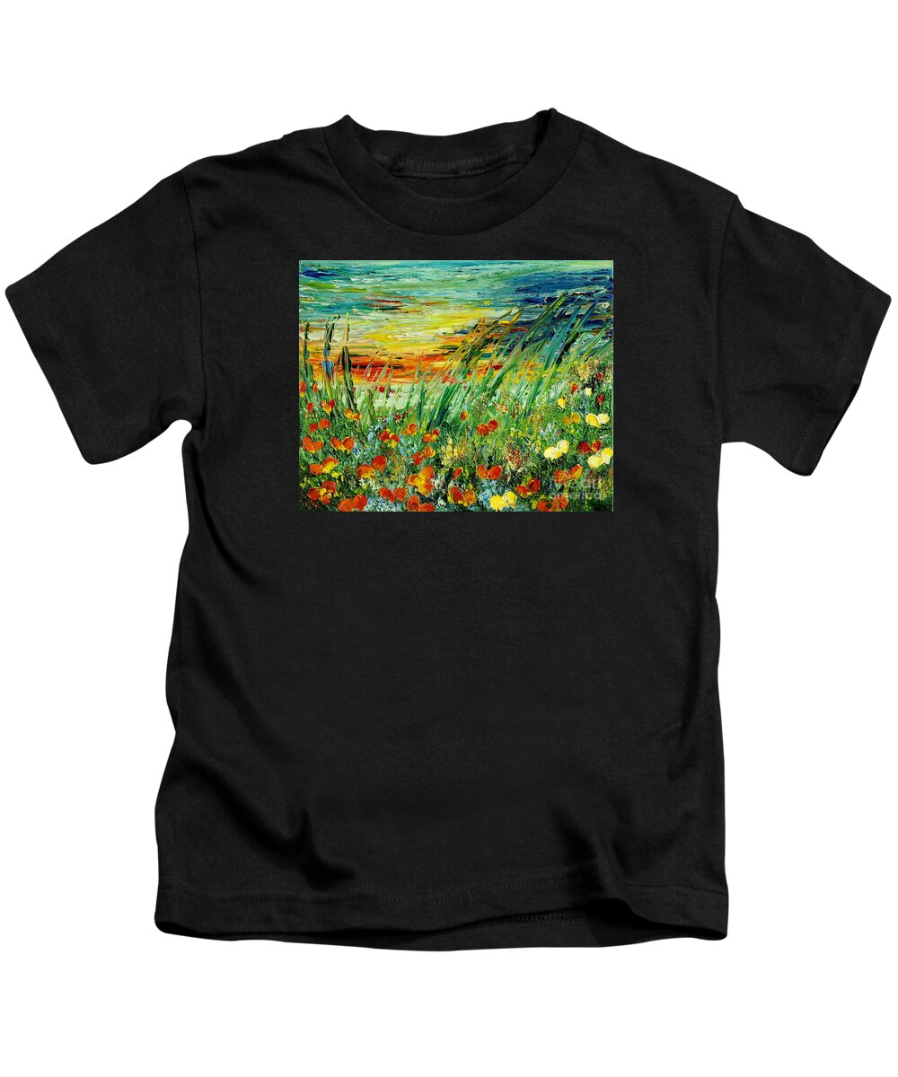 Sunset Kids T-Shirt featuring the painting SUNSET MEADOW series by Teresa Wegrzyn