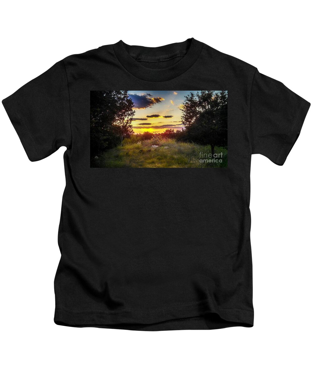 Sunset In Field Of Wildflowers Kids T-Shirt featuring the photograph Sunset Over Field of Flowers by Peggy Franz