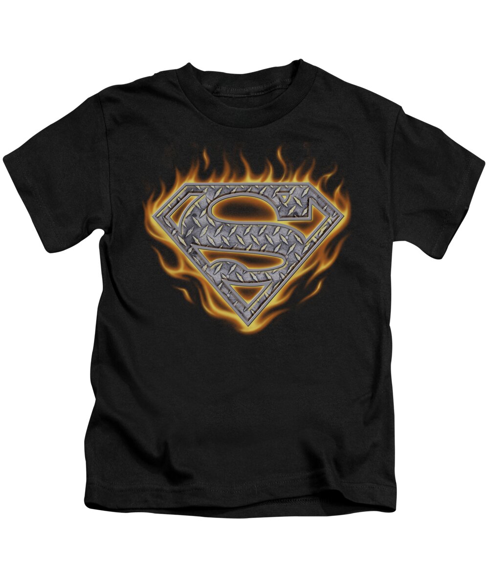 Superman Kids T-Shirt featuring the digital art Superman - Steel Fire Shield by Brand A