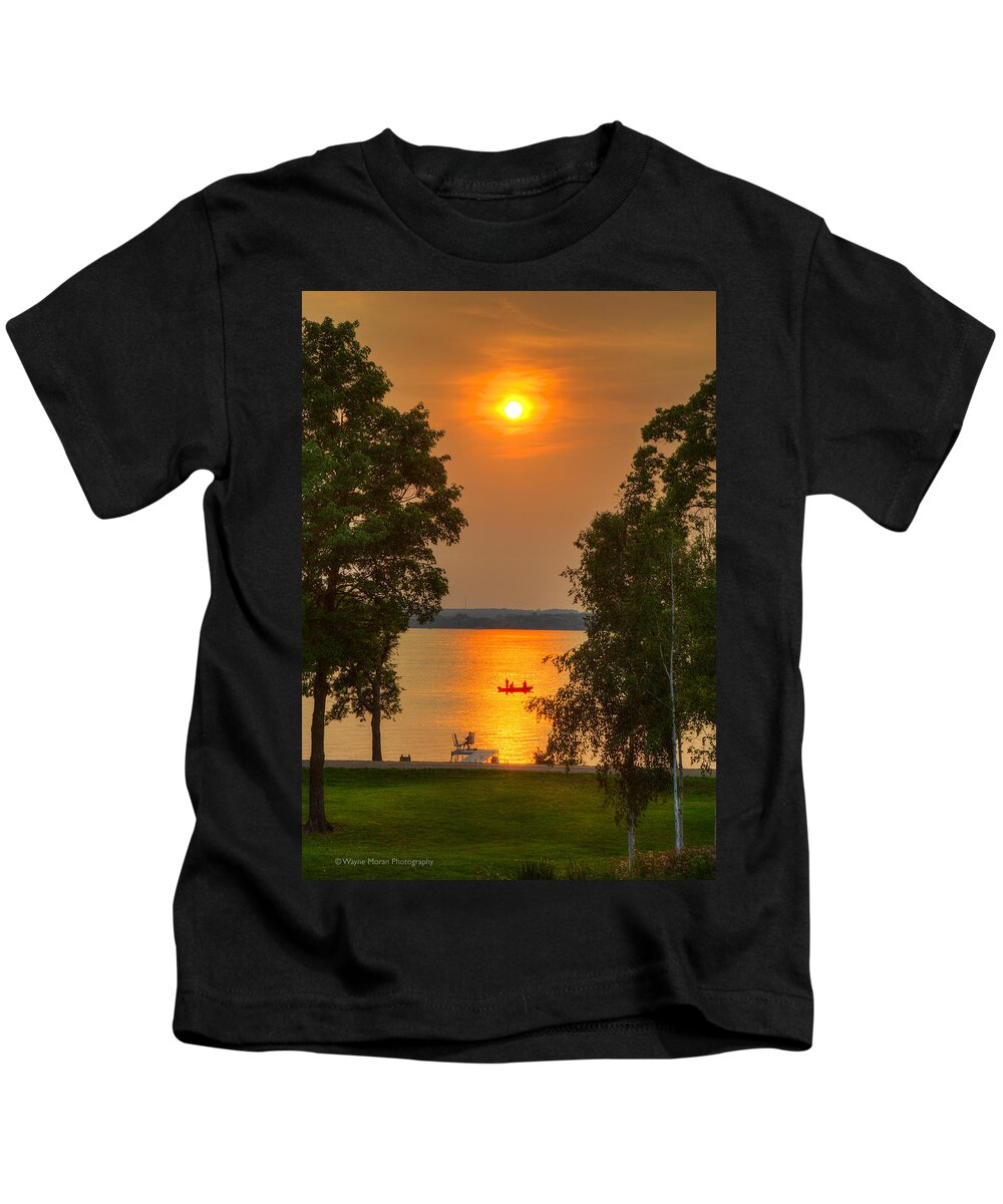 At The Lake Kids T-Shirt featuring the photograph The End of a Perfect Day by Wayne Moran