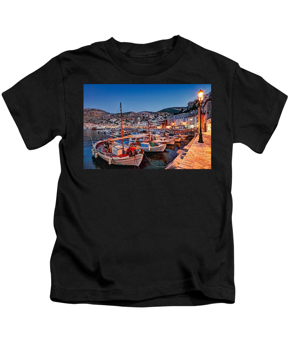 Aegean Kids T-Shirt featuring the photograph The harbor of Hydra by night - Greece by Constantinos Iliopoulos
