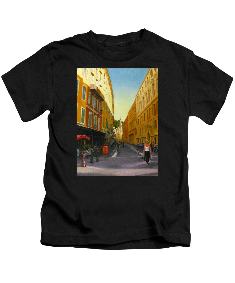 Nice Kids T-Shirt featuring the painting The Morning's Shopping in Vieux Nice by Connie Schaertl
