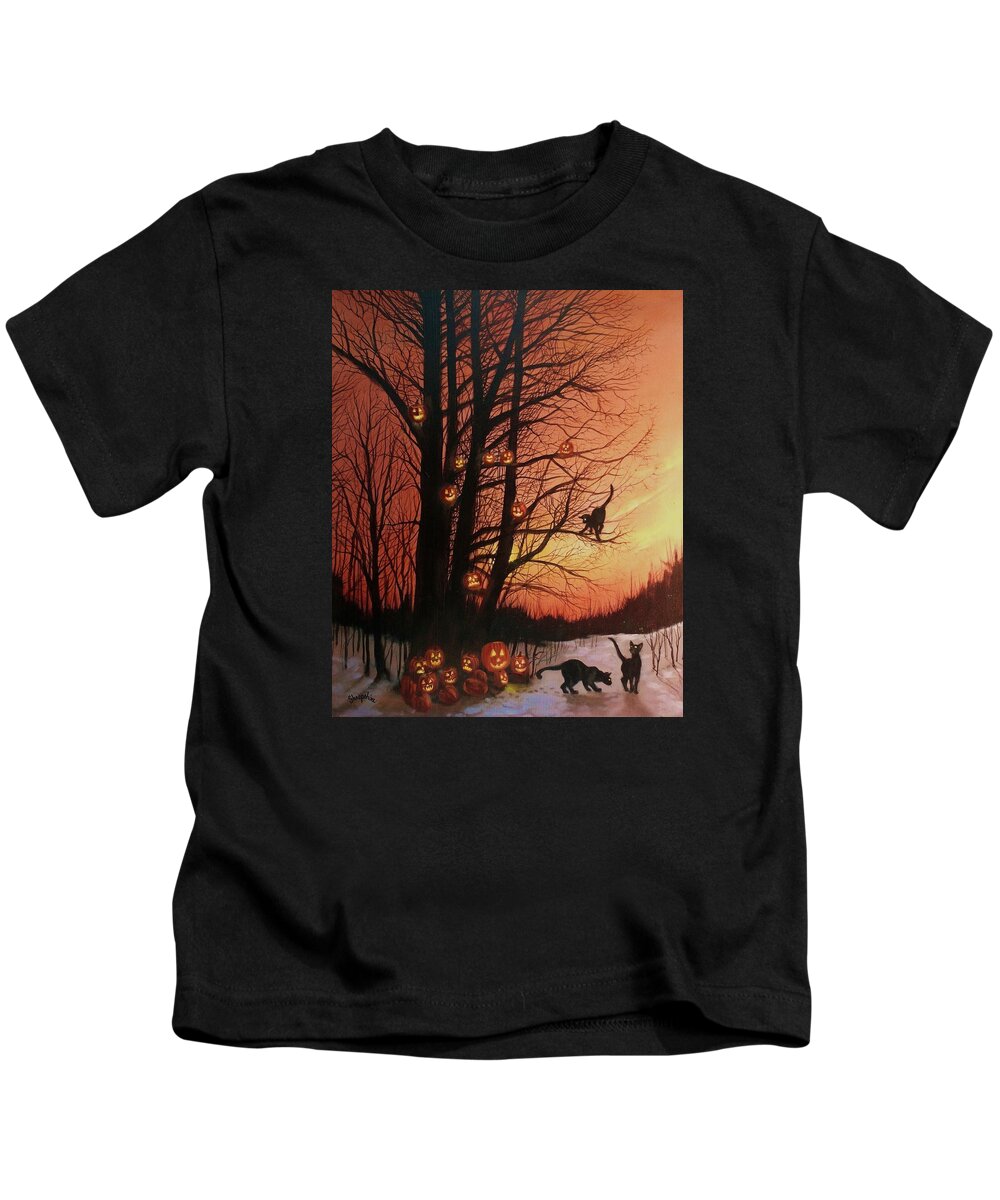 Black Cats Kids T-Shirt featuring the painting The Pumpkin Tree by Tom Shropshire