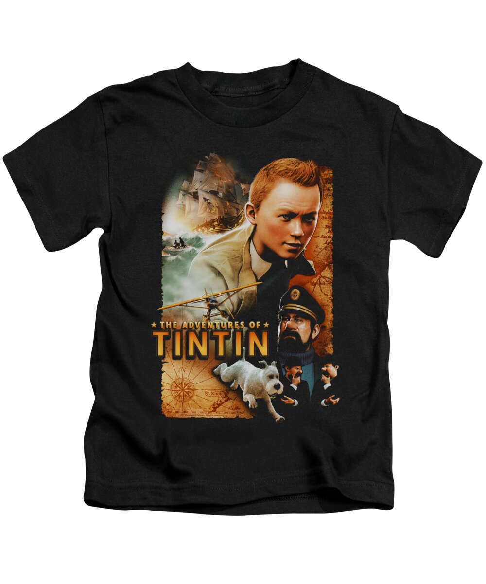 The Adventures Of Tintin Kids T-Shirt featuring the digital art Tintin - Adventure Poster by Brand A