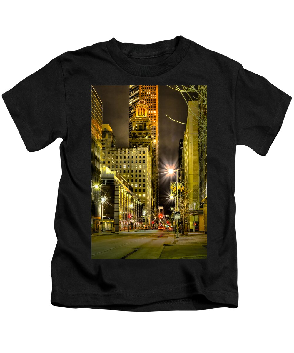 Travis And Lamar Street At Night Kids T-Shirt featuring the photograph Travis and Lamar Street at Night by David Morefield