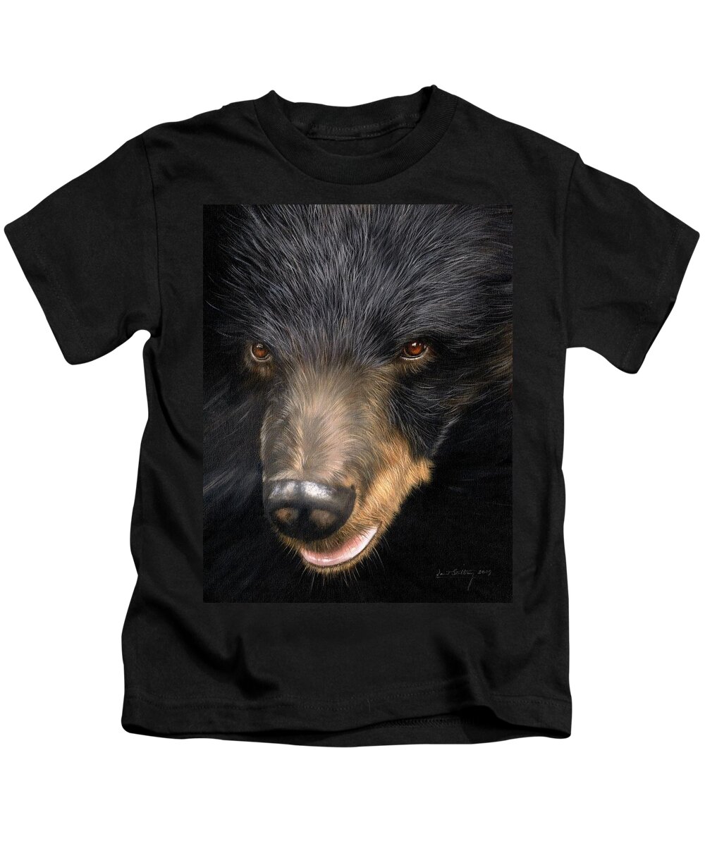Moon Bear Kids T-Shirt featuring the painting Trixie Moon Bear - In support of Animals Asia by Rachel Stribbling