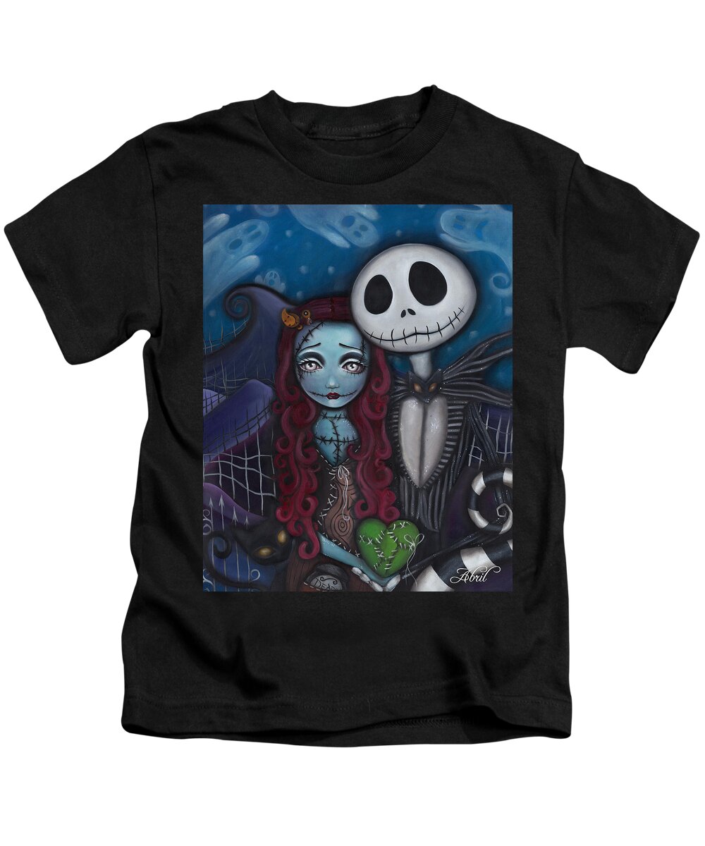 Nightmare Before Christmas Kids T-Shirt featuring the painting True Love by Abril Andrade
