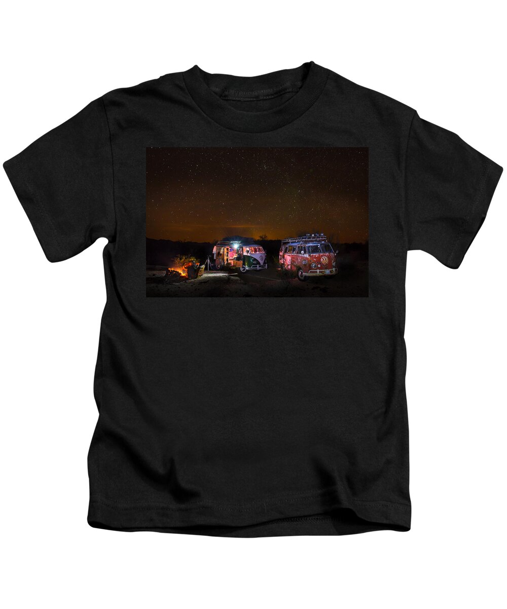 Bus Kids T-Shirt featuring the photograph VW Microbuses Camping Under The Desert Stars by Richard Kimbrough