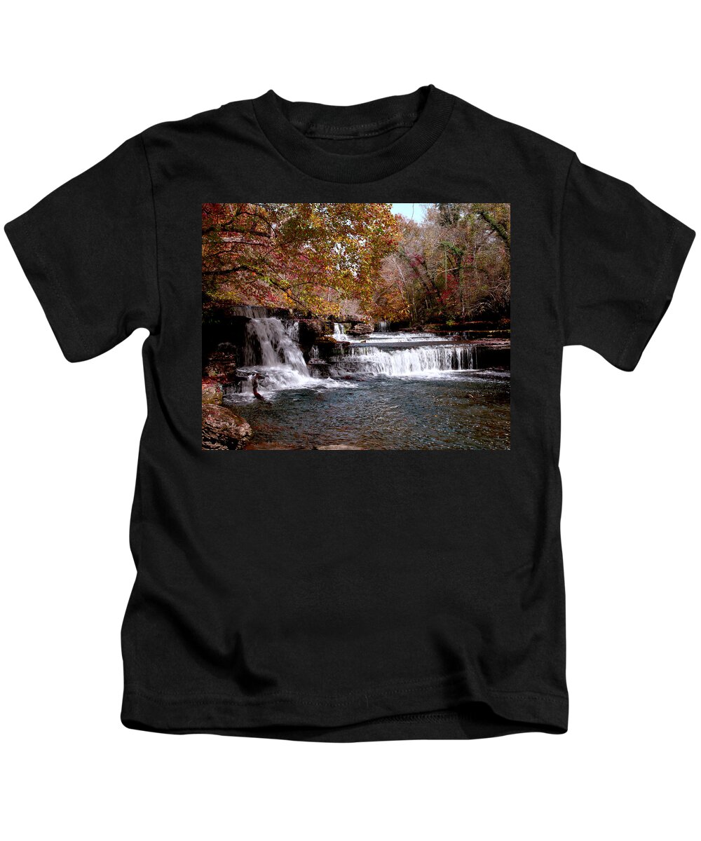 Waterfall Kids T-Shirt featuring the photograph Waterfalls Photography in Autumn on the Duck River Tennessee Fine Art Prints For The Holidays by Jerry Cowart