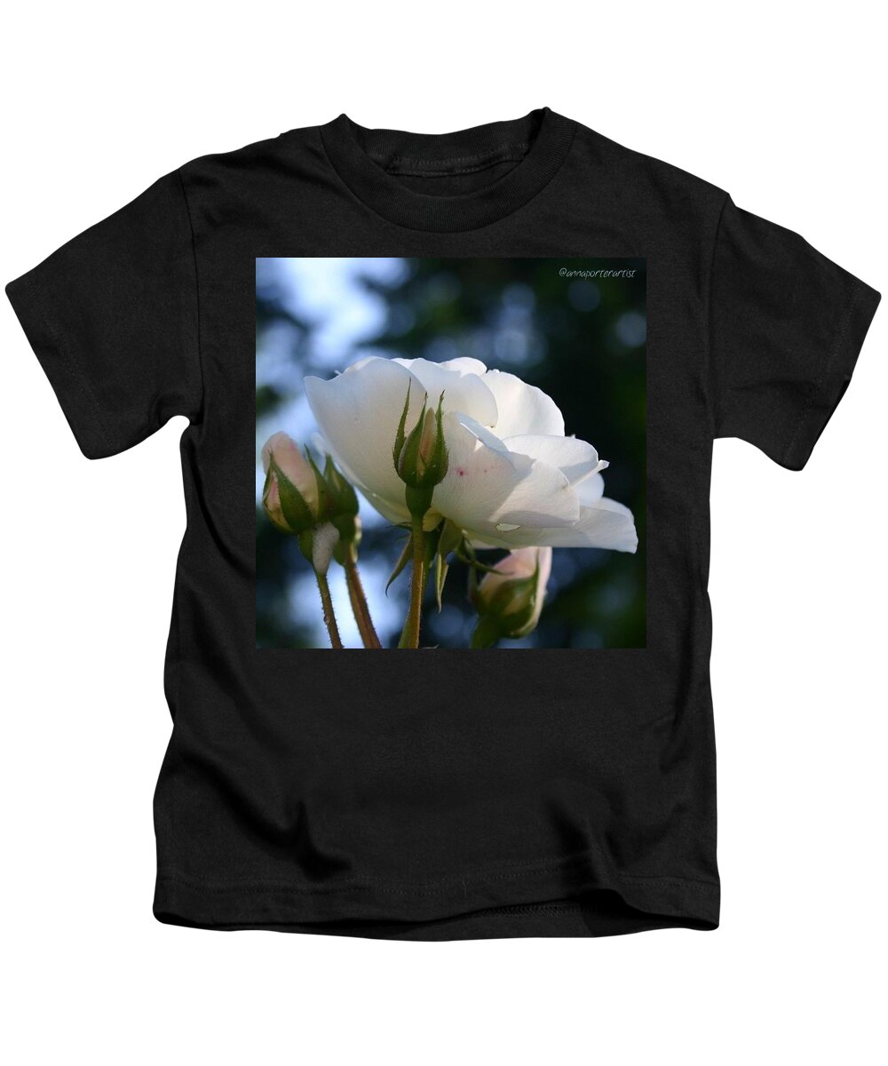 Flowers Kids T-Shirt featuring the photograph White Rose and Rosebuds in Anna's Gardens by Anna Porter