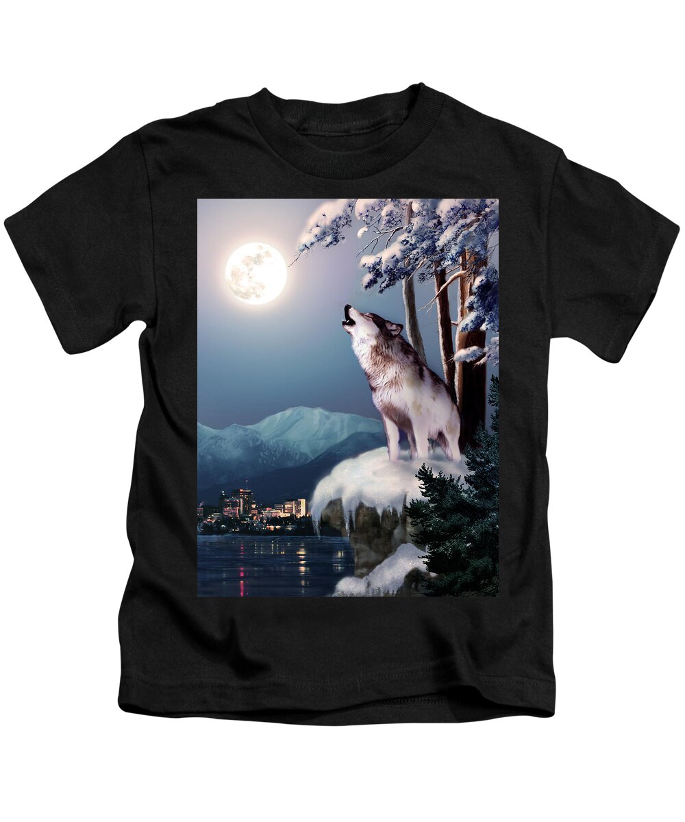 Wildlife Howling Wolf And Skyline Anchorage Print Kids T-Shirt featuring the painting Wolf on the Doorstep of Civilization by Regina Femrite