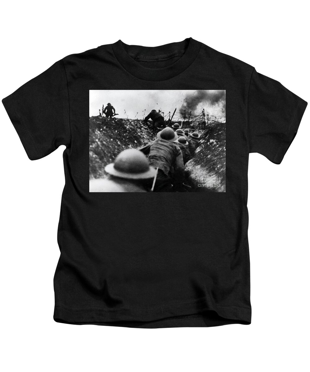 History Kids T-Shirt featuring the photograph WWI Over The Top Trench Warfare by Photo Researchers