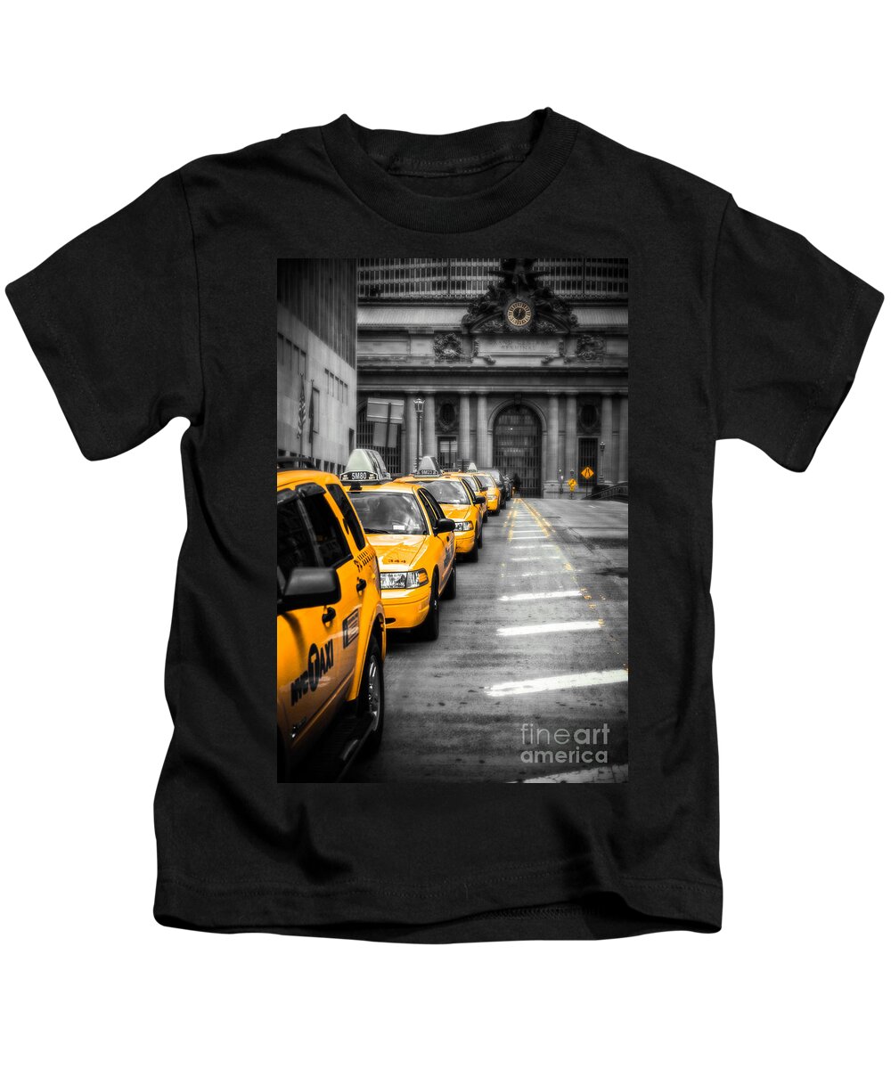 Nyc Kids T-Shirt featuring the photograph Yellow Cabs waiting - Grand Central Terminal - bw o by Hannes Cmarits