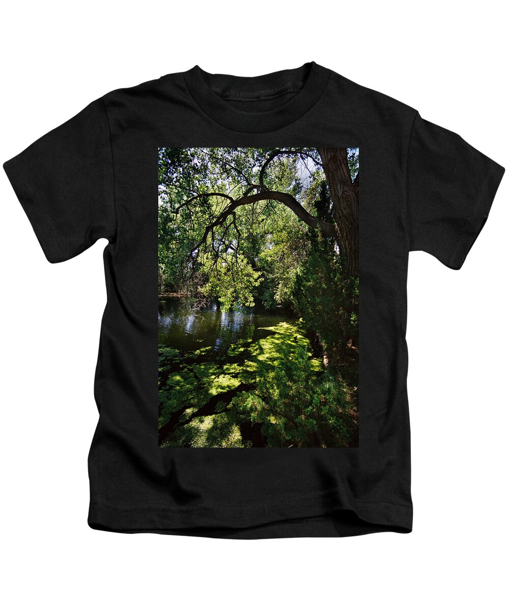 Santa Fe Kids T-Shirt featuring the photograph Lake With Cottonwoods by Ron Weathers
