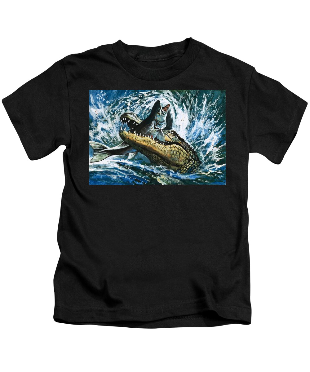 Fish; Eating; Fishing; Water; Splash; Alligator Kids T-Shirt featuring the painting Alligator Eating Fish by English School