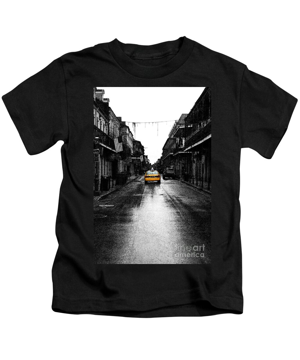 Travelpixpro French Quarter Kids T-Shirt featuring the digital art Bourbon Street Taxi French Quarter New Orleans Color Splash Black and White Fresco Digital Art by Shawn O'Brien