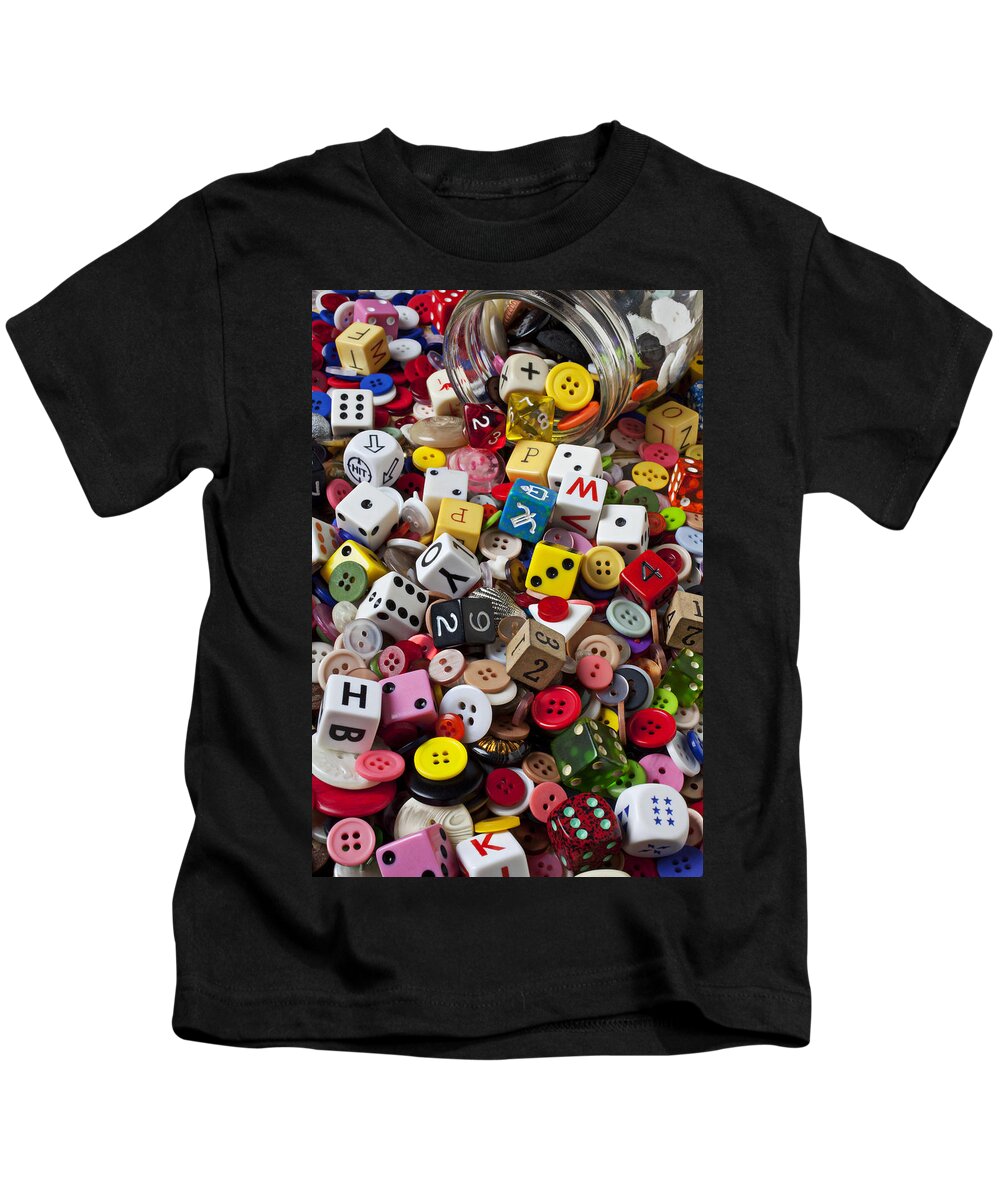 Glass Jar Kids T-Shirt featuring the photograph Buttons and Dice by Garry Gay