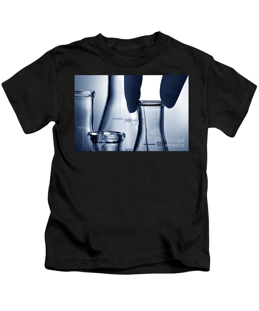 Blue Kids T-Shirt featuring the photograph Erlenmeyer Flasks in Science Research Lab by Science Research Lab By Olivier Le Queinec