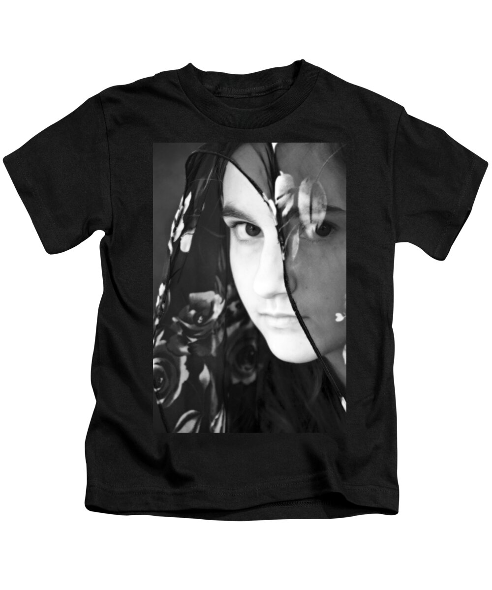 Girl Kids T-Shirt featuring the photograph Girl With A Rose Veil 3 BW by Angelina Tamez