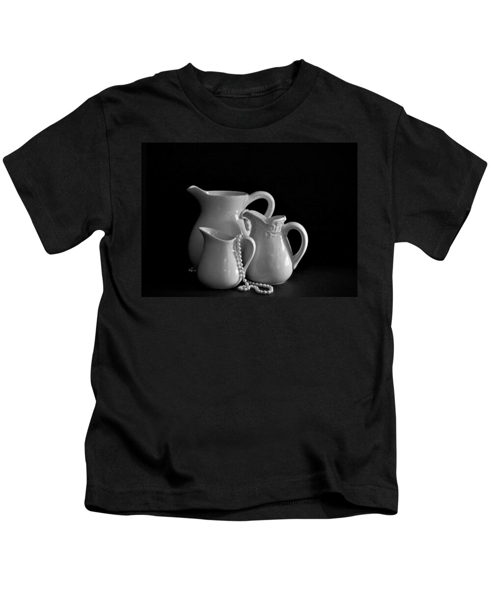 Still Life Kids T-Shirt featuring the photograph Pitchers by the Window in Black and White by Sherry Hallemeier