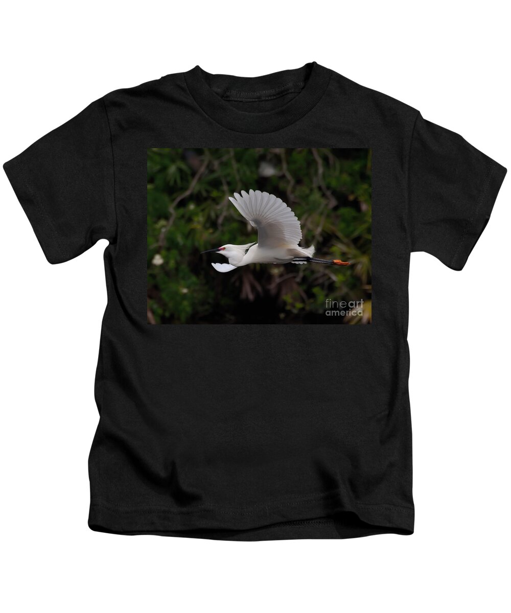 Egret Kids T-Shirt featuring the photograph Snowy Egret in Flight by Art Whitton