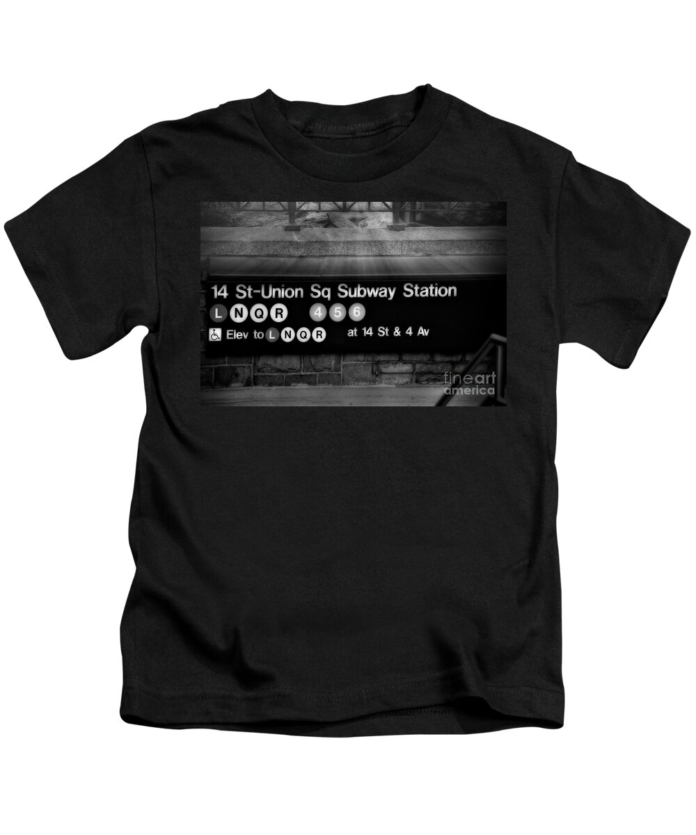 Union Square Kids T-Shirt featuring the photograph Union Square Subway Station BW by Susan Candelario