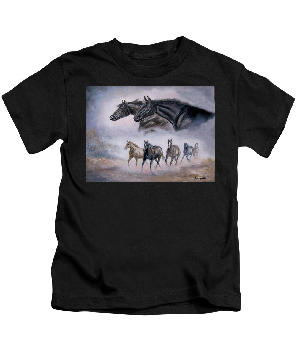 Horse Painting Kids T-Shirt featuring the painting Horse Painting Distant Thunder by Regina Femrite
