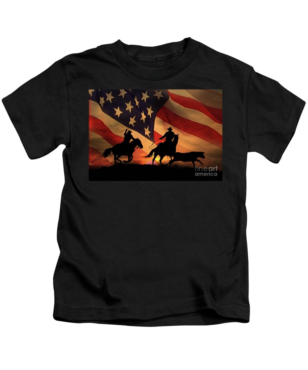 Western Kids T-Shirt featuring the photograph American Cowboy, Team Ropers with American Flag by Stephanie Laird