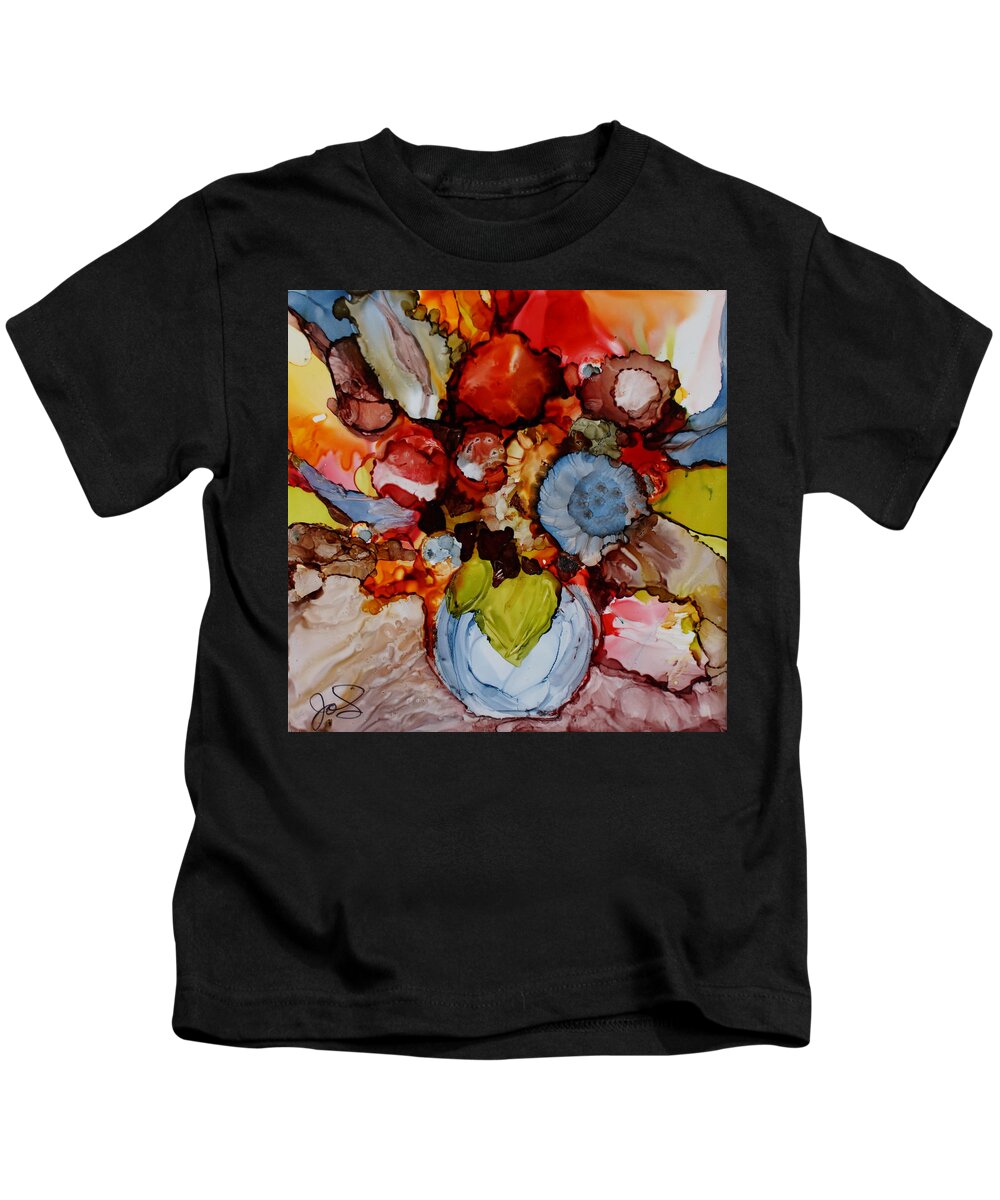 Floral Kids T-Shirt featuring the painting Floral with Blue Vase by Jo Smoley