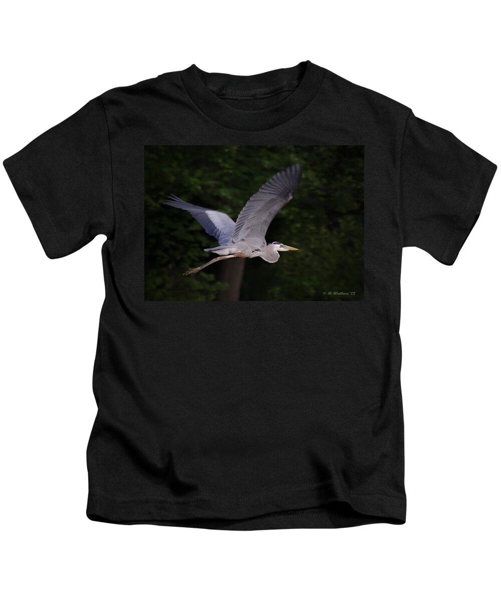 2d Kids T-Shirt featuring the photograph Great Blue Heron In Flight #1 by Brian Wallace