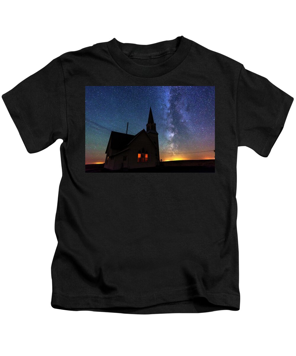 Old Church Near Spokane Kids T-Shirt featuring the photograph Milky Way and Old Church #2 by Yoshiki Nakamura